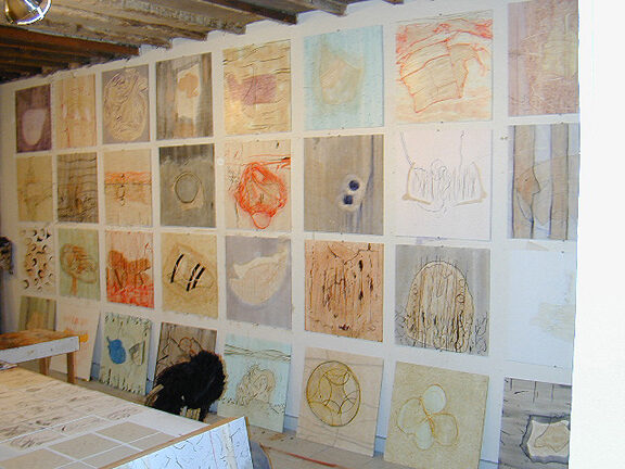 Studio - Wall of 32 2x2' paintings - Quabbin Reservoir Paintings - In Progress